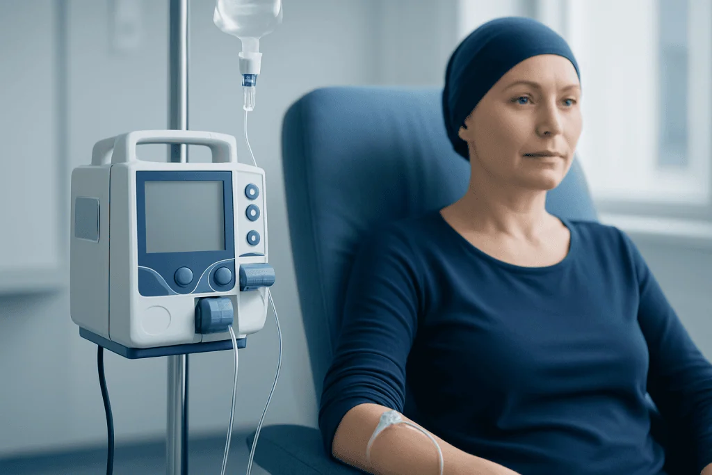 Woman receiving chemotherapy treatment in a hospital setting.