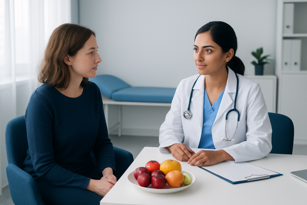 Doctor consulting with patient about health in a clinical setting.