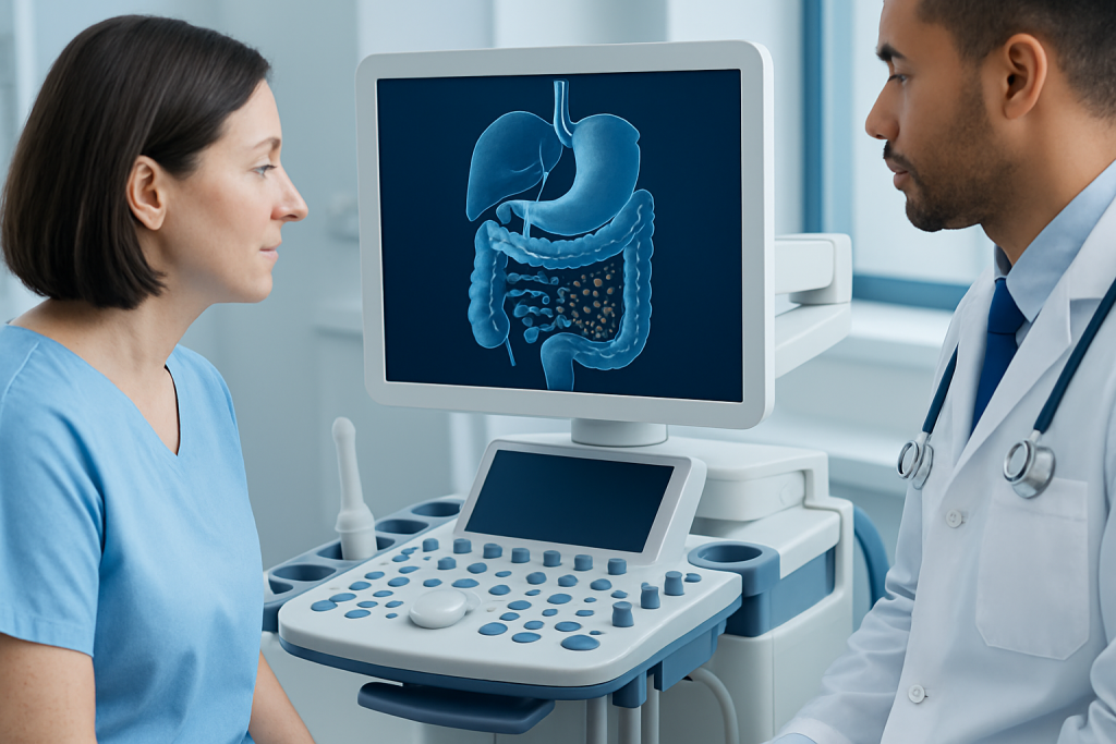 Medical consultation with an ultrasound scan of the digestive system at Acibadem Hospitals.