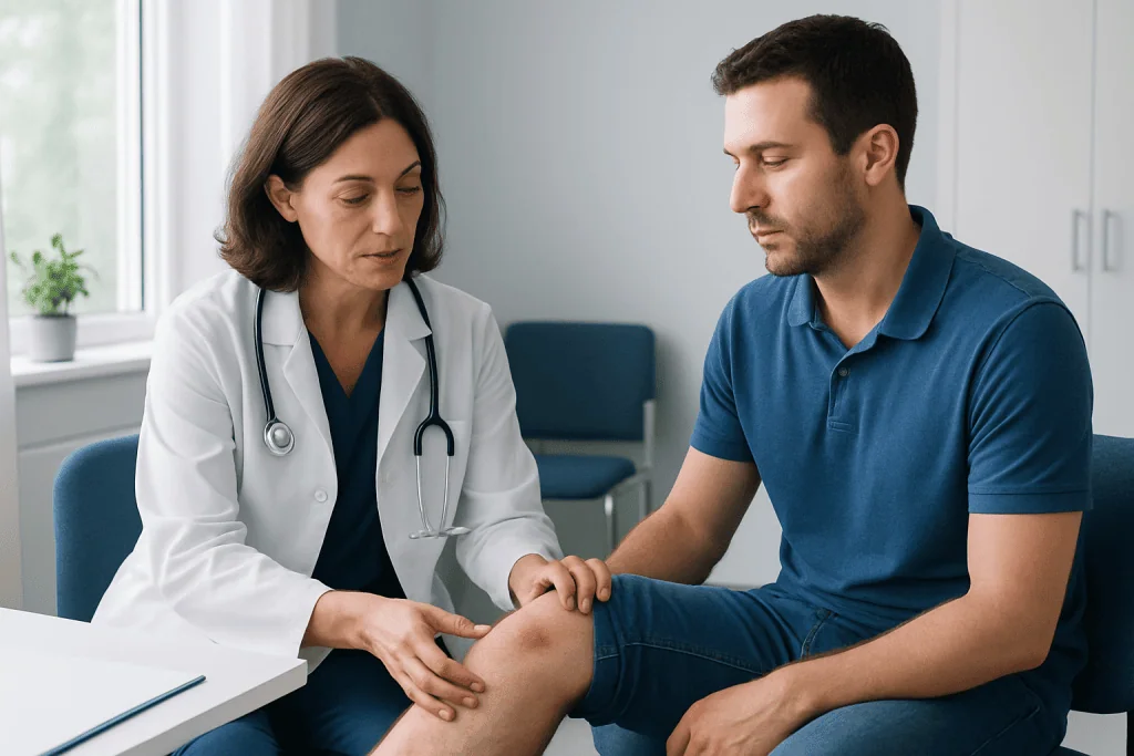 Doctor examining patient's knee in a medical consultation room.