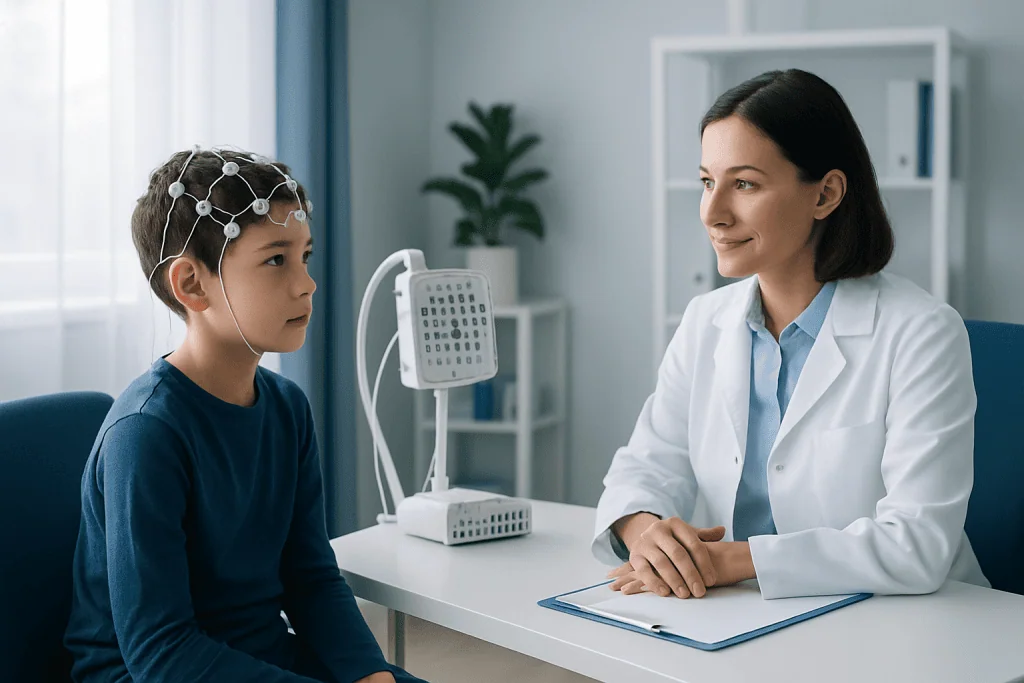 Child undergoing EEG test with medical professional in clinic.