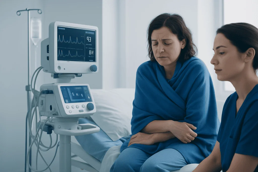 Patient experiencing chills in hospital bed with medical monitors nearby.