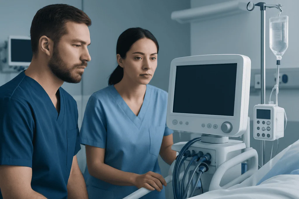 Medical professionals monitoring a patient with ultrasound equipment in hospital.