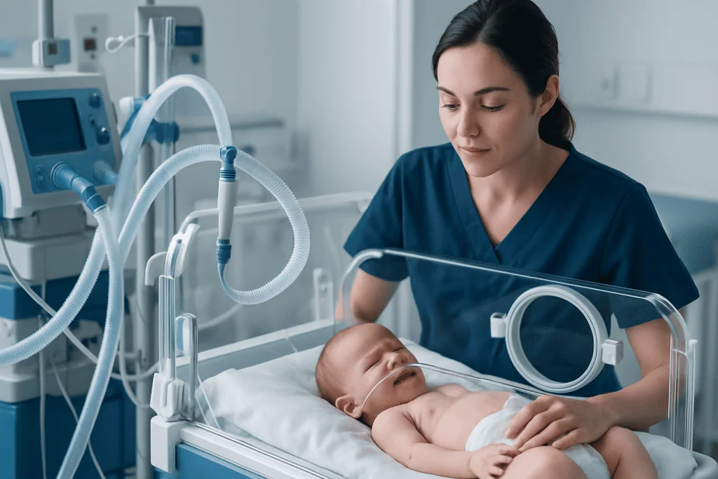 Pediatric nurse caring for a baby in a hospital incubator with medical equipment.