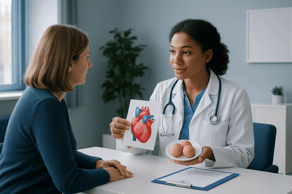 Doctor explaining heart health with model and eggs to patient in clinic.