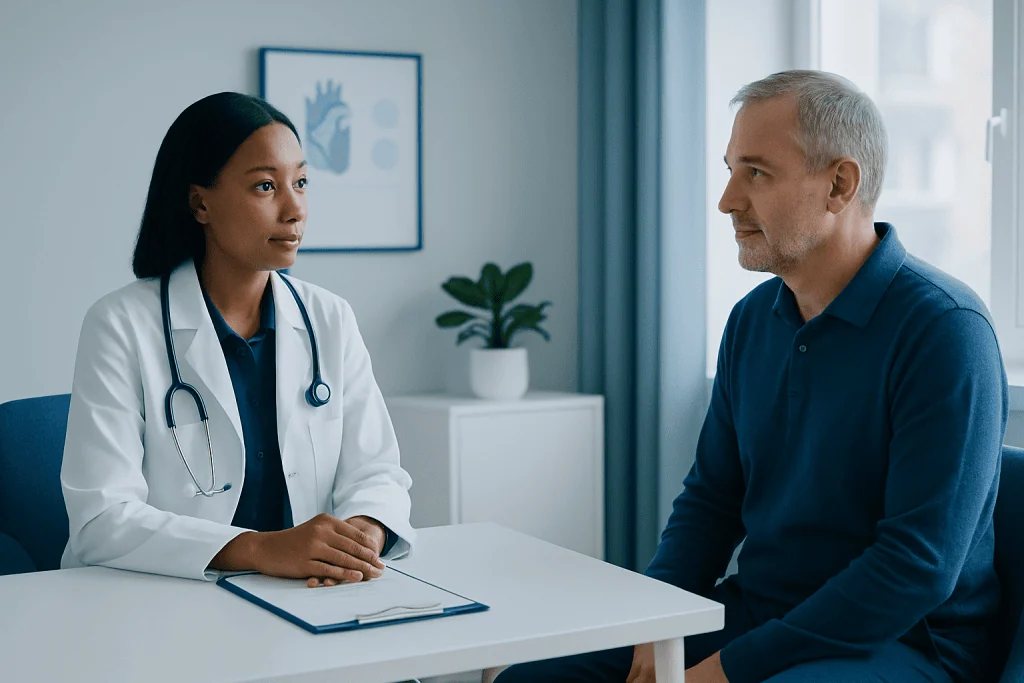 Doctor consulting with a patient in a medical office setting.