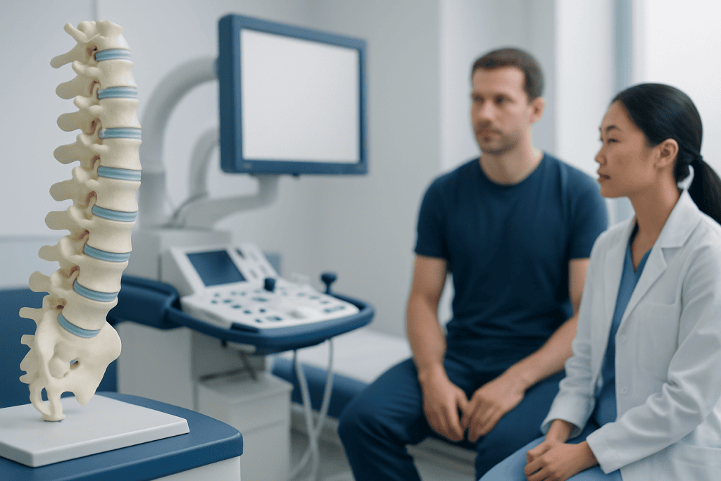 Doctor and patient in consultation with spine model in clinic.