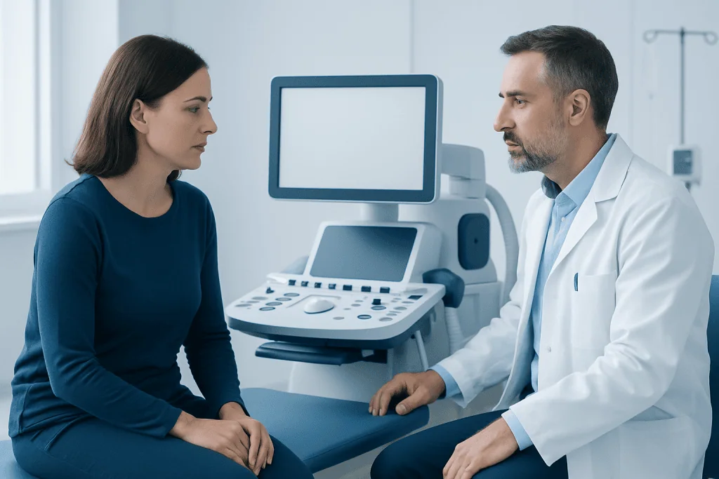 Doctor consulting a patient in a medical examination room at Acibadem Hospitals.