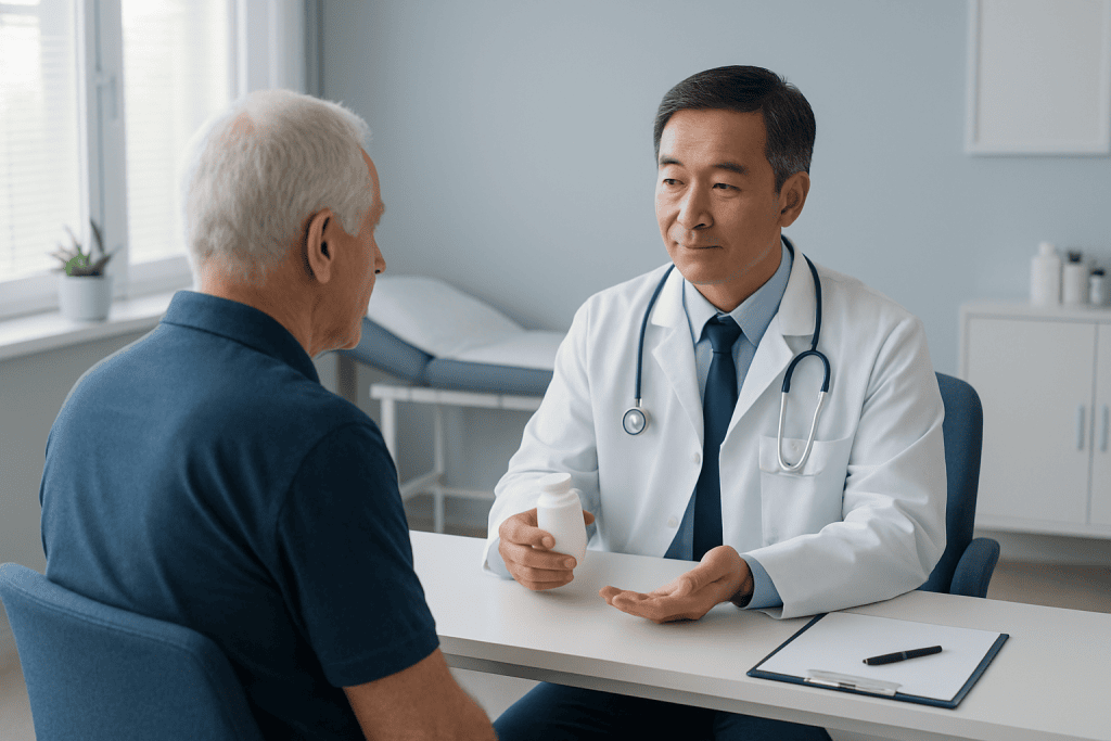 Doctor consulting with elderly patient in a medical office setting.