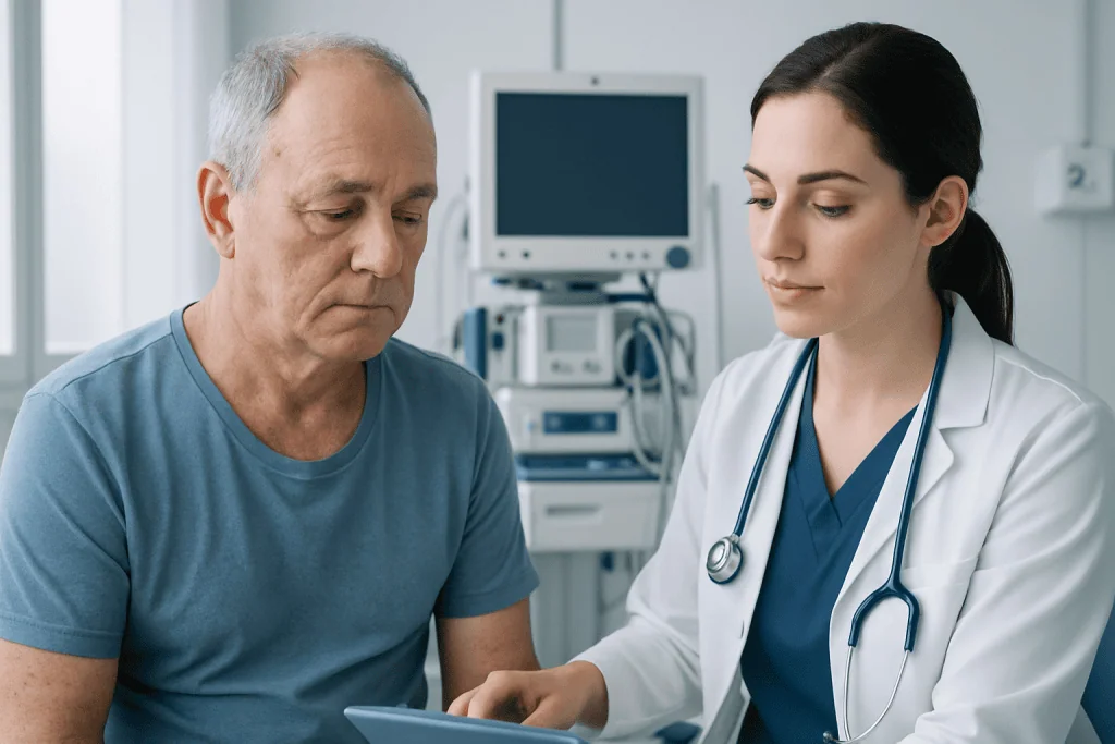 Doctor consulting with an elderly male patient in a hospital setting.