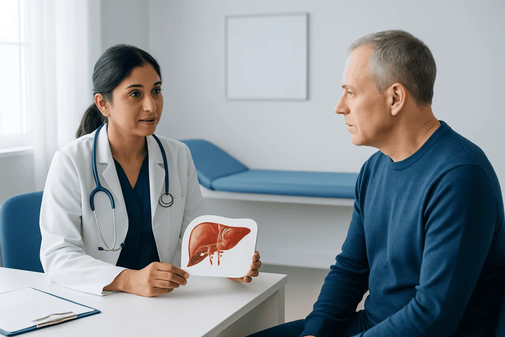 Doctor explaining liver health to patient in a medical consultation.