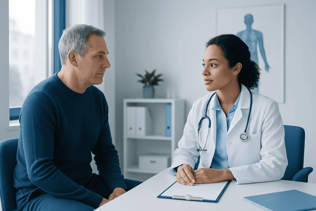 Doctor consulting with a male patient in a modern medical office.