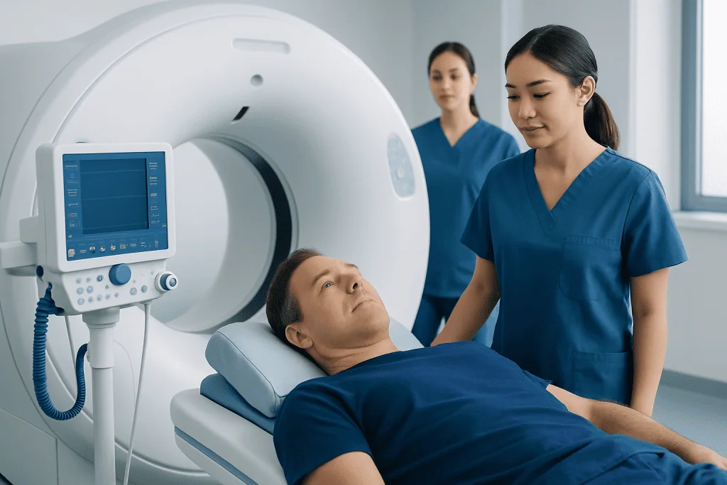 Patient undergoing MRI scan at Acibadem Hospital with medical staff present.