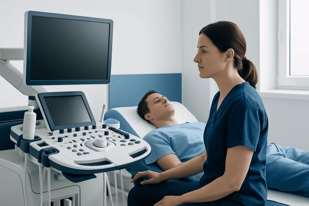 Medical professional performing an ultrasound on a patient in a hospital room.