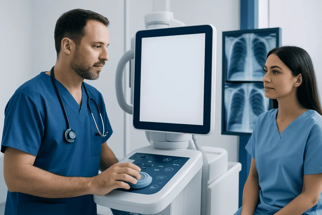 Medical professionals reviewing lung X-ray images in a hospital setting.