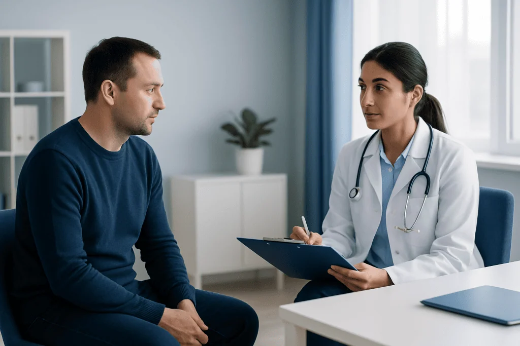 Doctor consulting with male patient in a modern clinic setting.