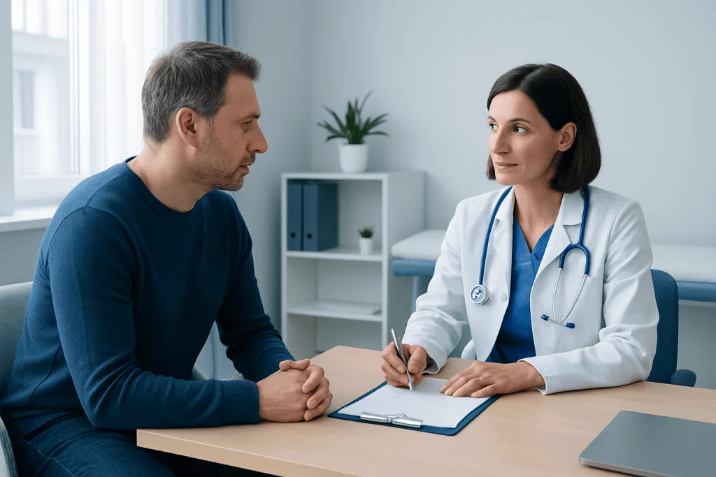 Doctor consulting with a male patient in a medical office setting.