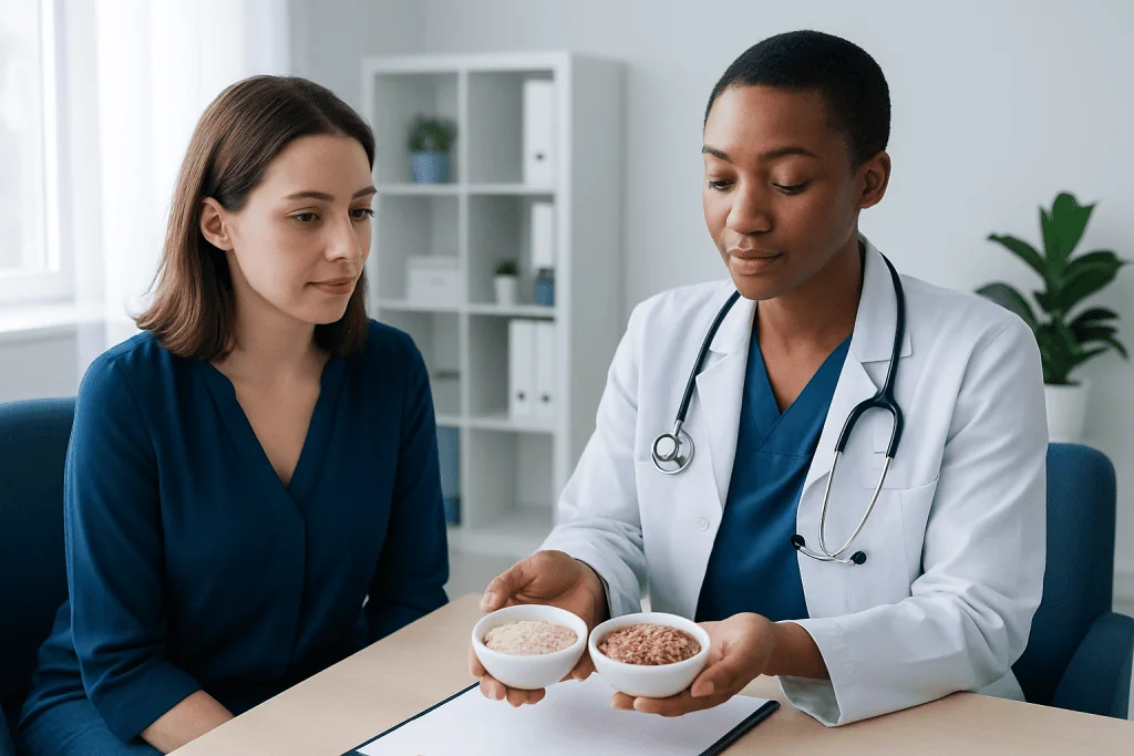 Doctor explaining quinoa and rice differences to a patient.
