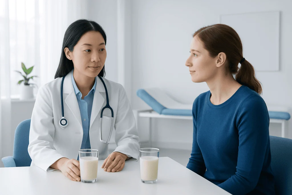 Doctor consulting with patient about milk options in a clinical setting.