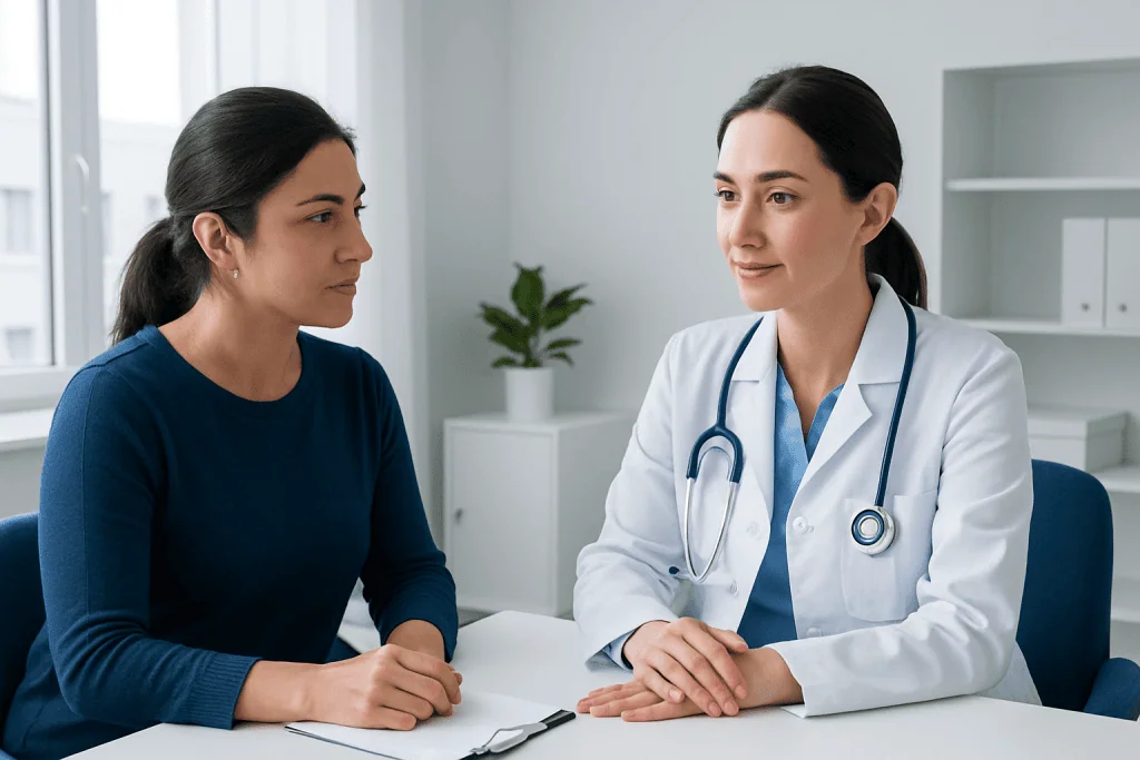 Doctor consulting with patient in a medical office.