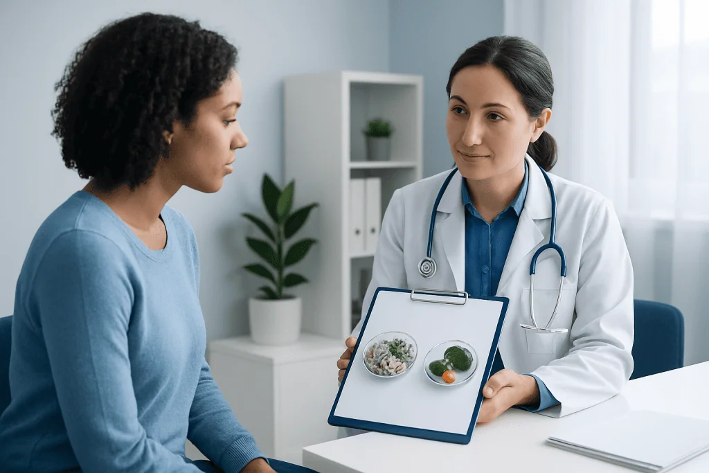 Doctor explaining nutritional differences between frozen and fresh vegetables.