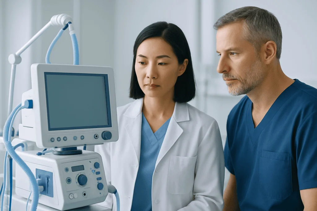 Medical professionals examining a patient monitor in a hospital setting.