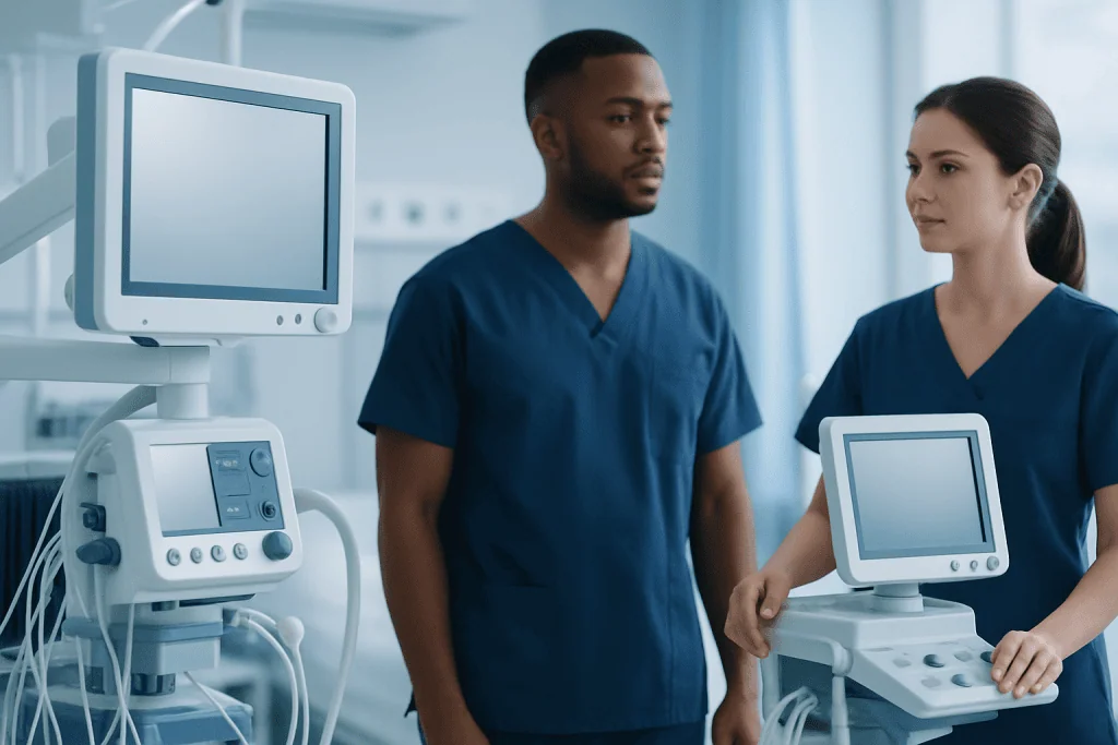 Medical professionals using ultrasound machines in a hospital setting.