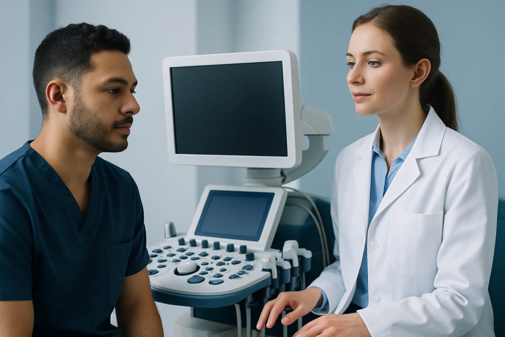 Doctor and patient in a medical consultation with ultrasound equipment.