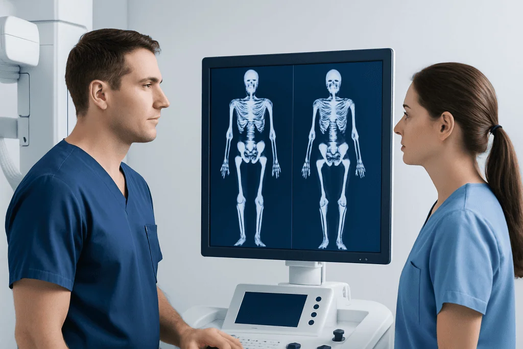 Medical professionals analyzing male and female skeleton X-ray images.