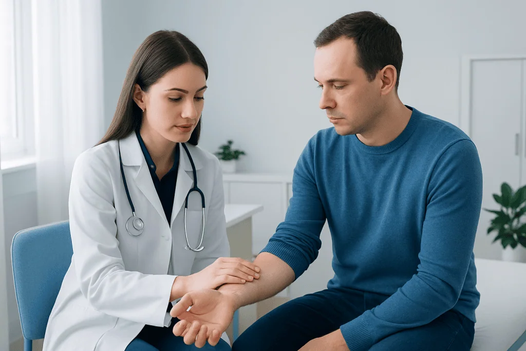 Doctor examining patient's arm for skin condition diagnosis.