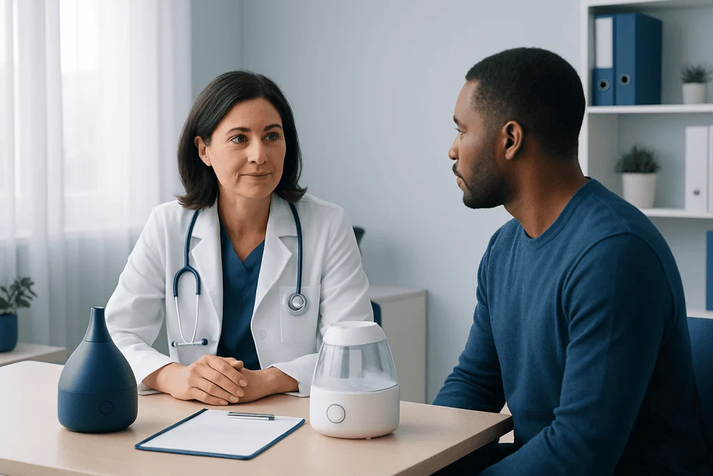 Doctor consulting patient about humidifier and vaporizer devices in clinic.