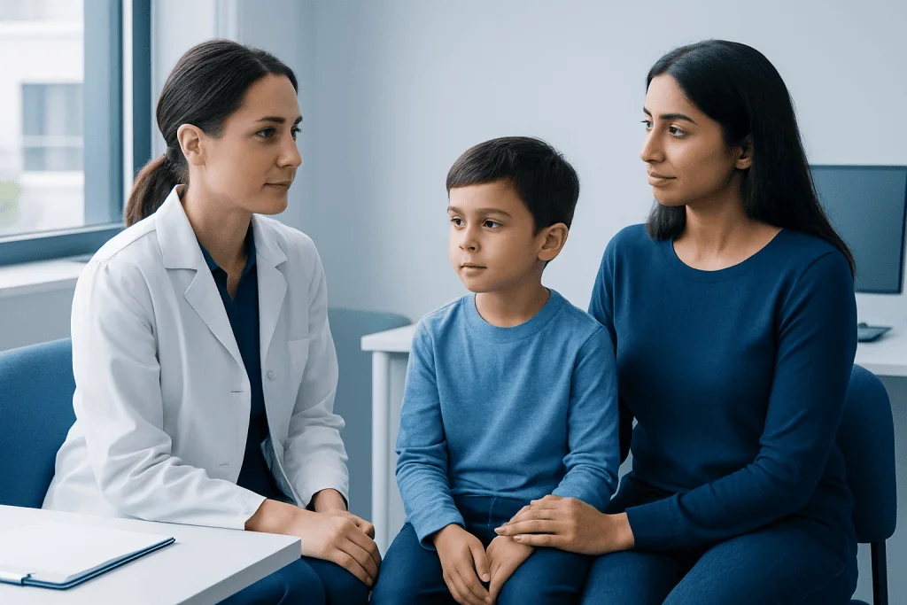 Doctor consulting with a mother and son in a medical office.