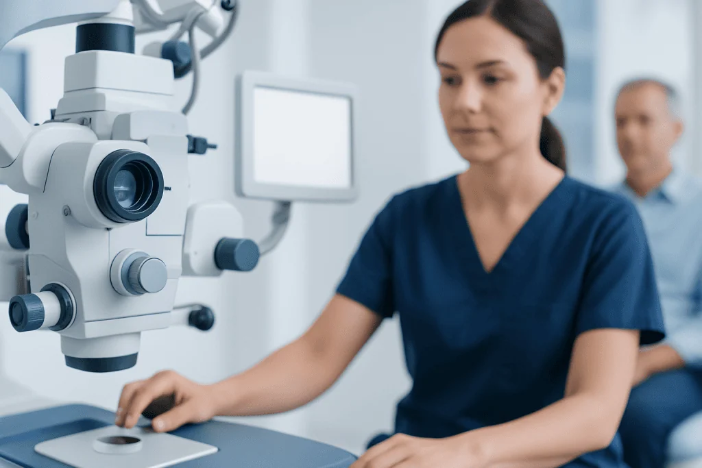Medical professional using a microscope in a clinical setting.