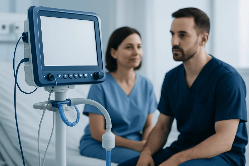 Medical professionals with patient monitor in hospital setting.
