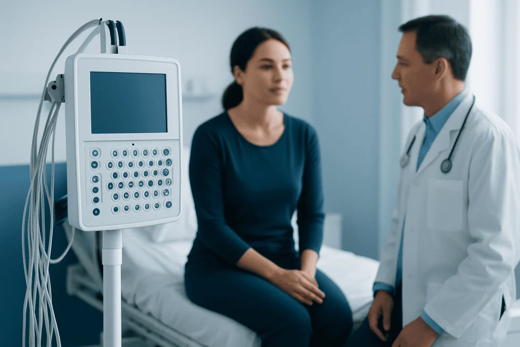 Doctor consulting a patient in a hospital room with medical equipment nearby.