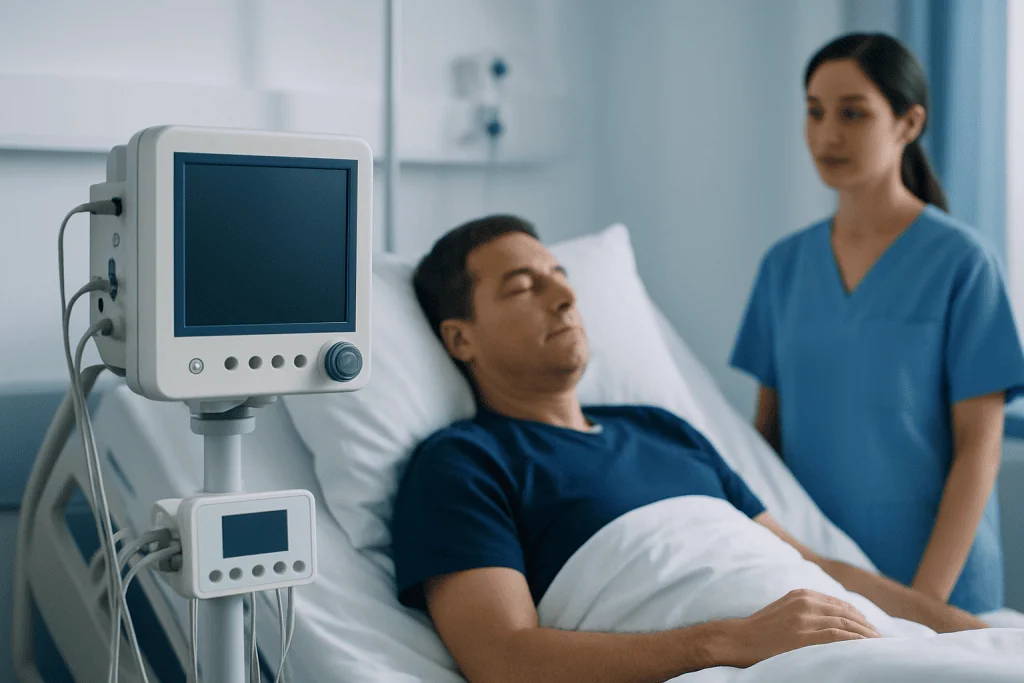 Patient resting in hospital bed with medical monitor and nurse nearby.