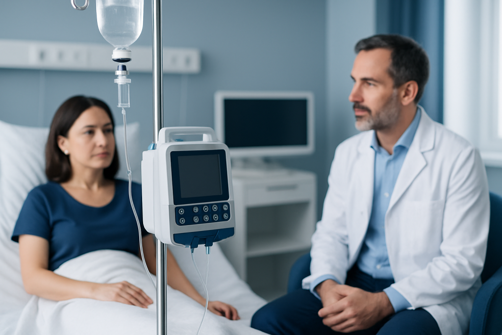 Doctor consulting patient in hospital room with medical equipment.
