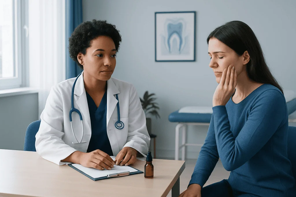 Doctor consulting a patient with tooth pain in a clinic setting.