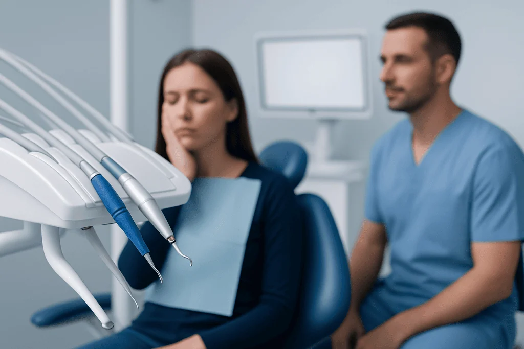 Dental patient receiving treatment with dental tools in a clinic setting.