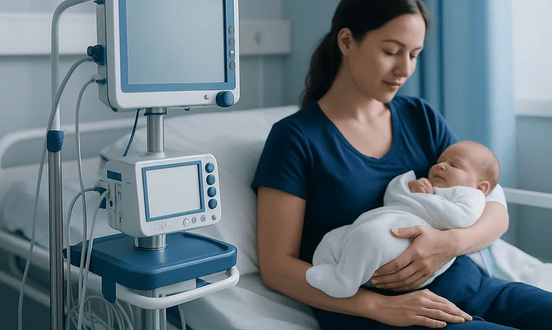Mother holding her newborn baby in hospital bed with medical monitors nearby.