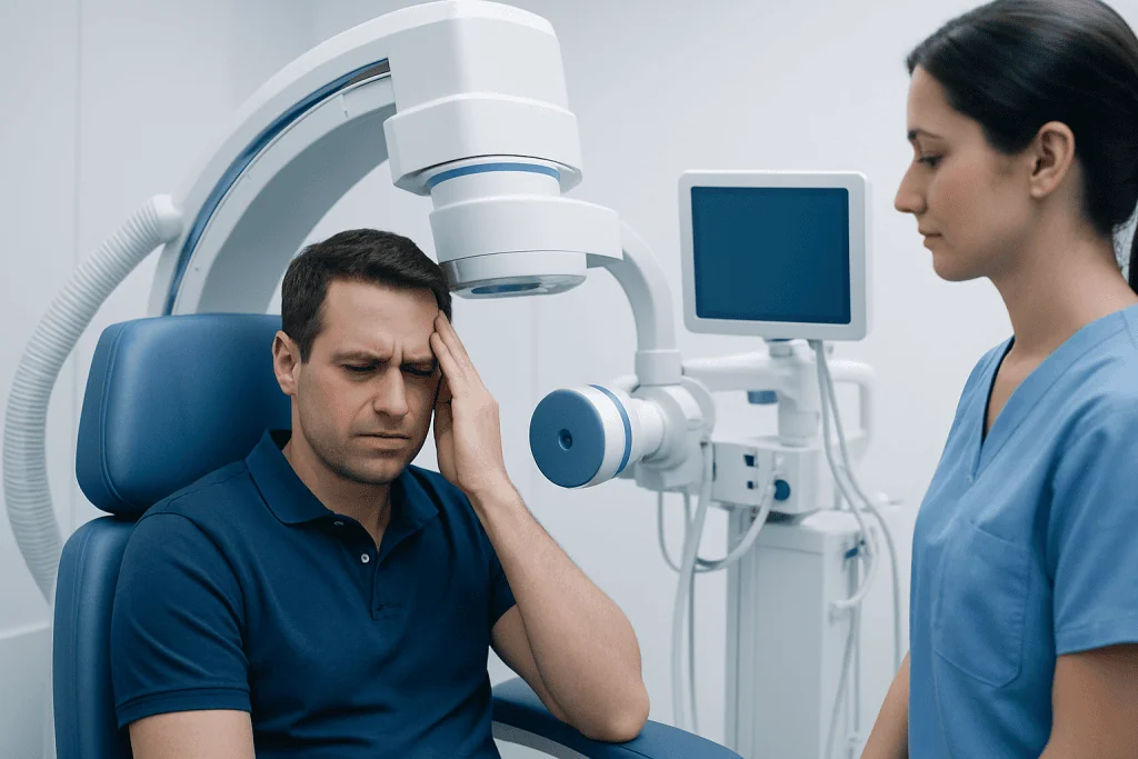 Patient experiencing headache during a medical examination at a hospital.