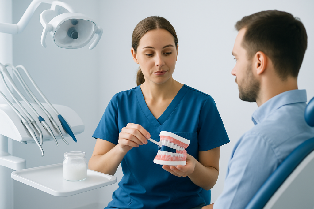 Dental professional explaining dental model to patient in clinic.