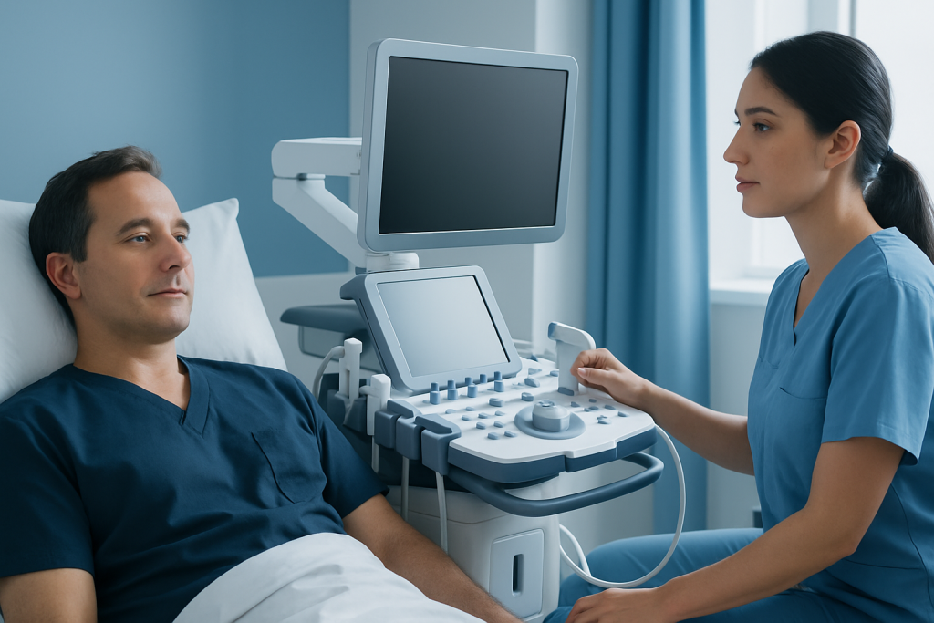 Medical professional performing an ultrasound on a patient in a hospital room.