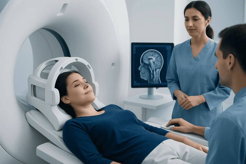 Patient undergoing brain MRI scan at Acibadem Hospital.