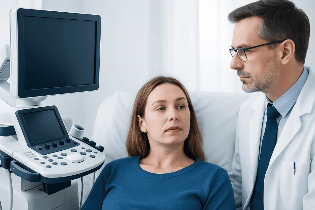 Doctor consulting with a patient in a hospital room with medical equipment.