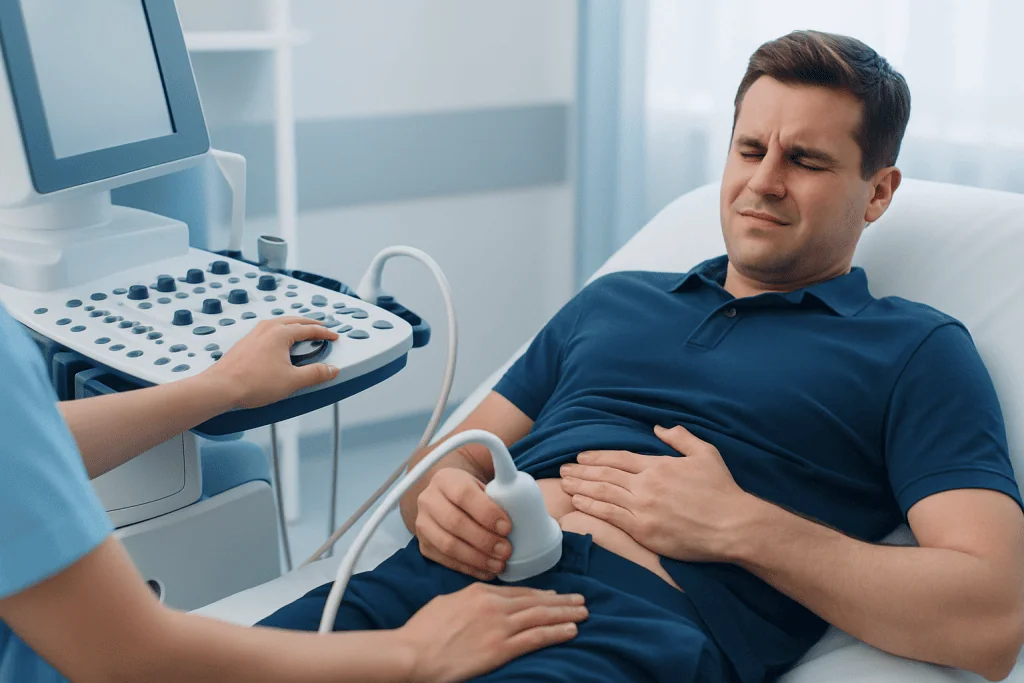 Man undergoing abdominal ultrasound for colicky pain at hospital.