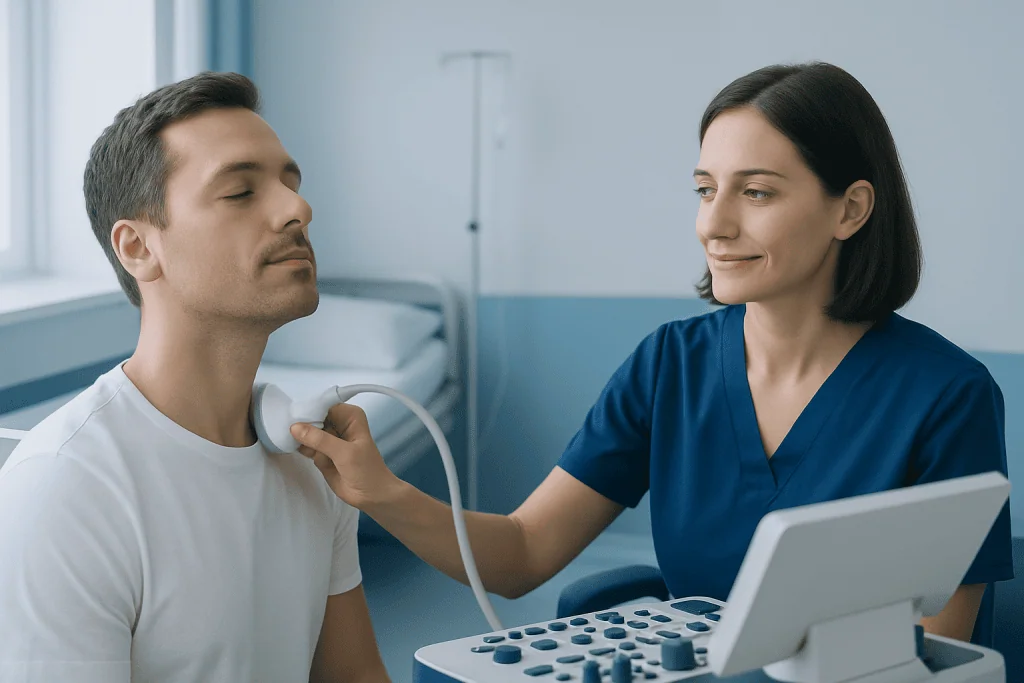 Medical professional performs ultrasound scan on male patient in hospital room.