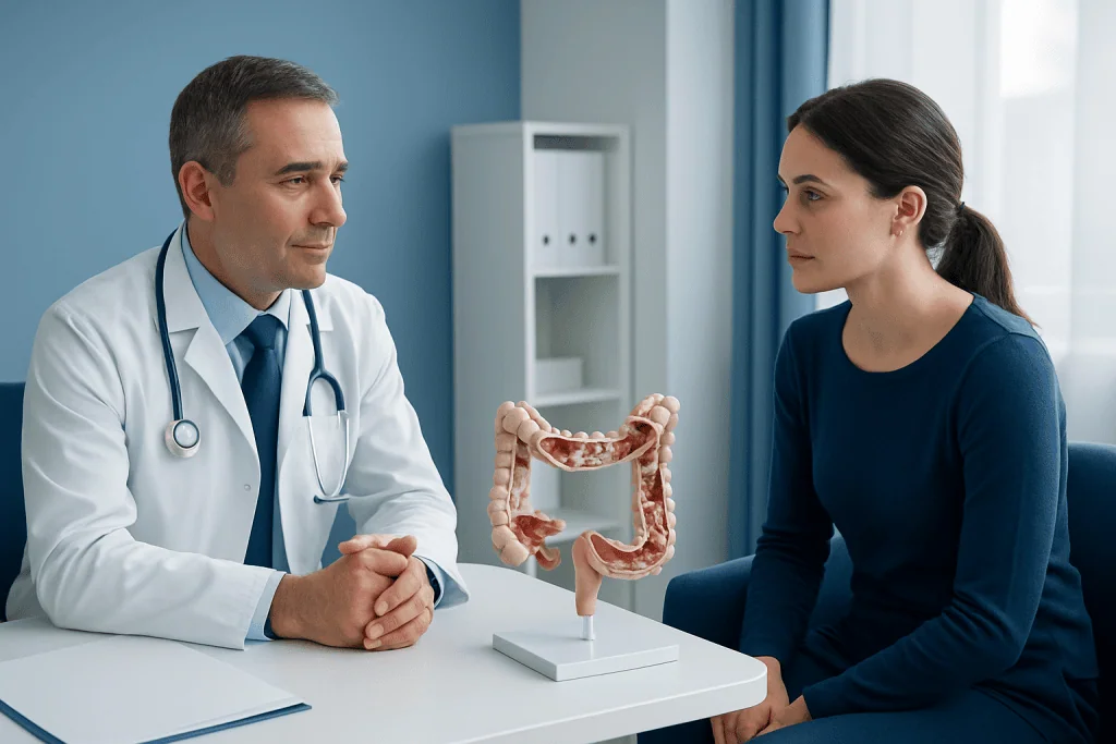 Doctor explaining colon health to a patient with a model of the colon.