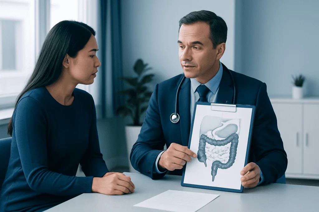 Doctor explaining colon health to a patient with colon diagram.