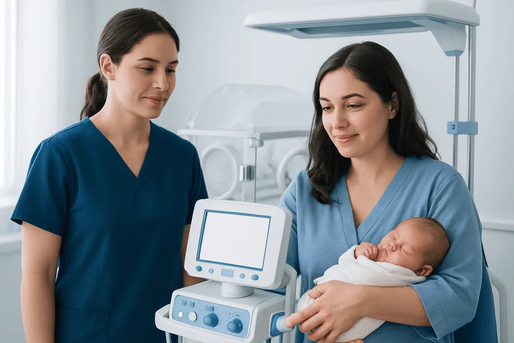 Newborn baby in hospital held by a mother with medical staff nearby.
